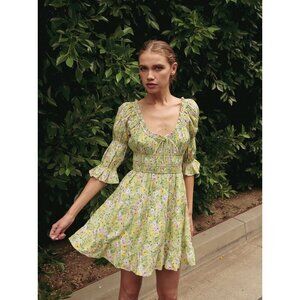Rahi Milly Smock Floral Scoop Neck Mini Dress Green Yellow‎ Women M